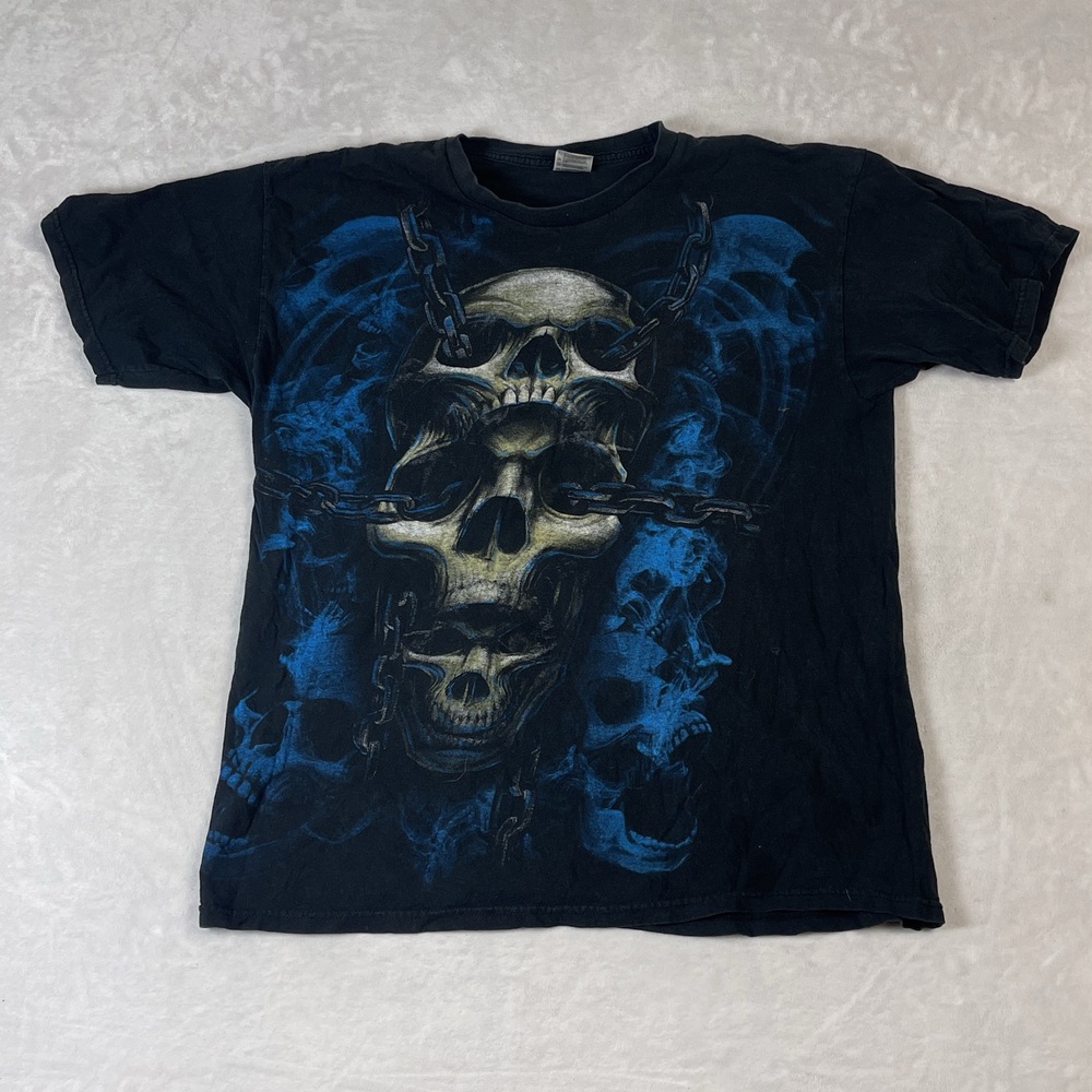 Skull Chain Graphic Men's Black T-Shirt Size XL Blue Haze Y2K Yazbek